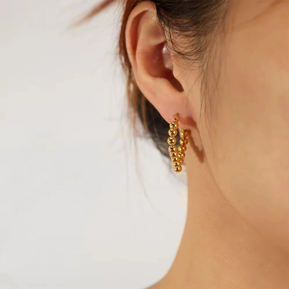 18K Gold Plated Vintage Geometric Beaded Hoop Earrings - Image 2