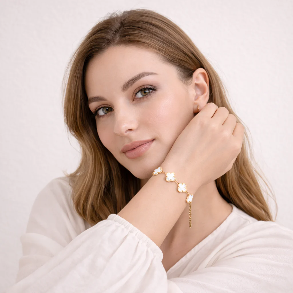 18k Gold Plated White Clover Wraparound Bracelet - Image 2