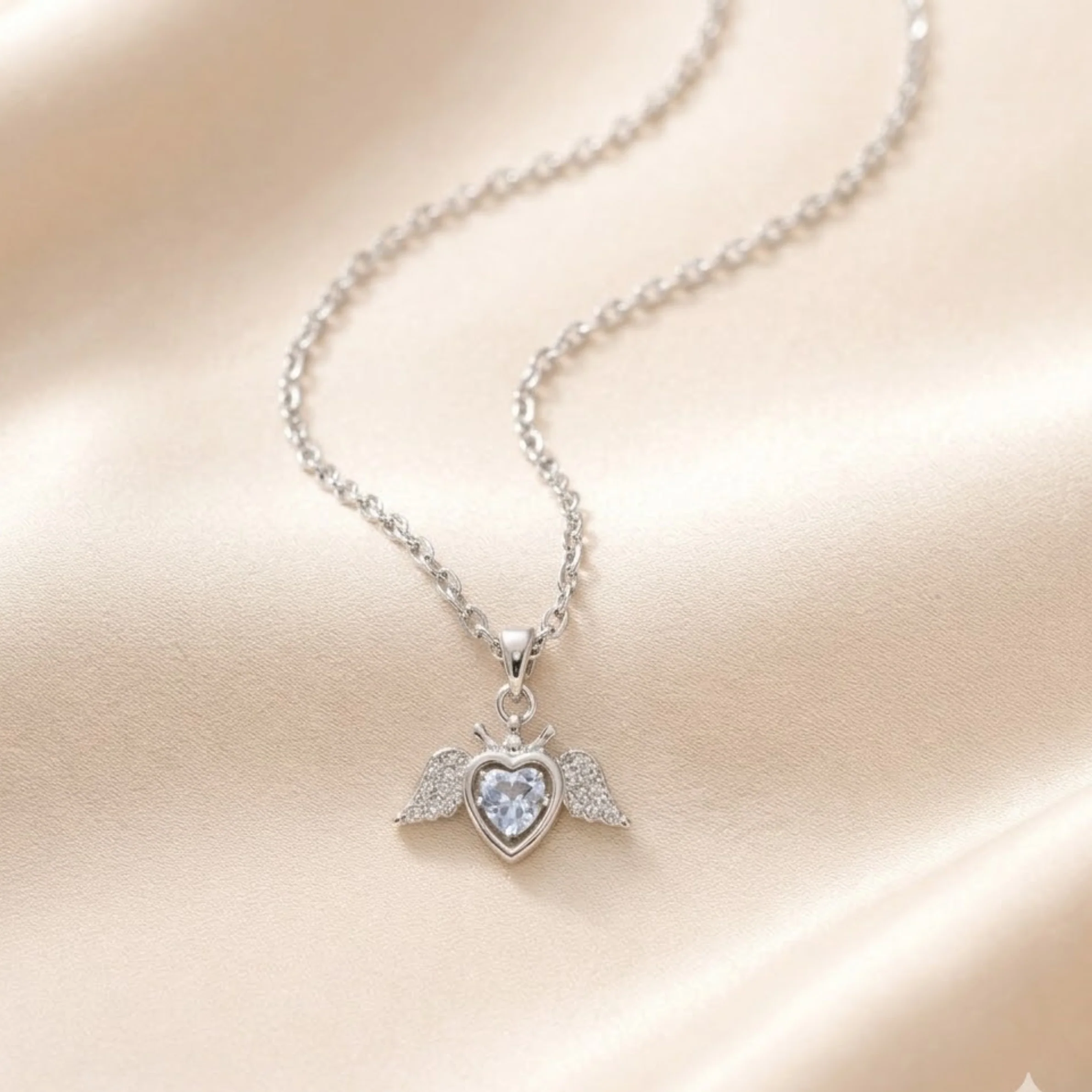 18k Silver  Angel Wing Heart Pendant Necklace - Image 2