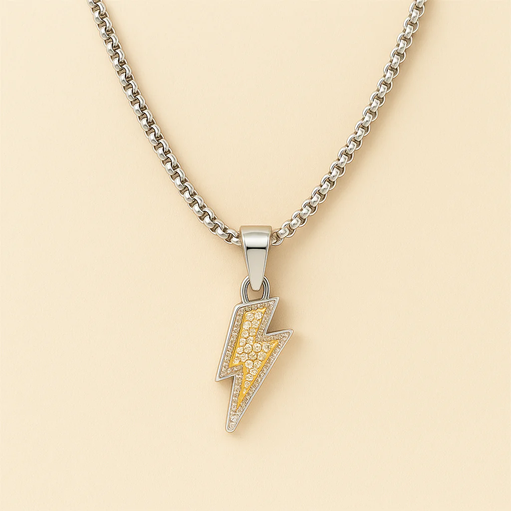 Men - Silver Plated Iced Flash Thunder Pendant Men Chain