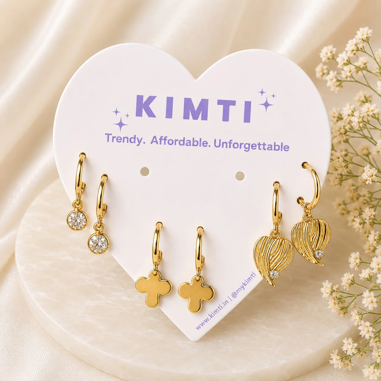 3 Pair Gold Hoop Charm Earring Set