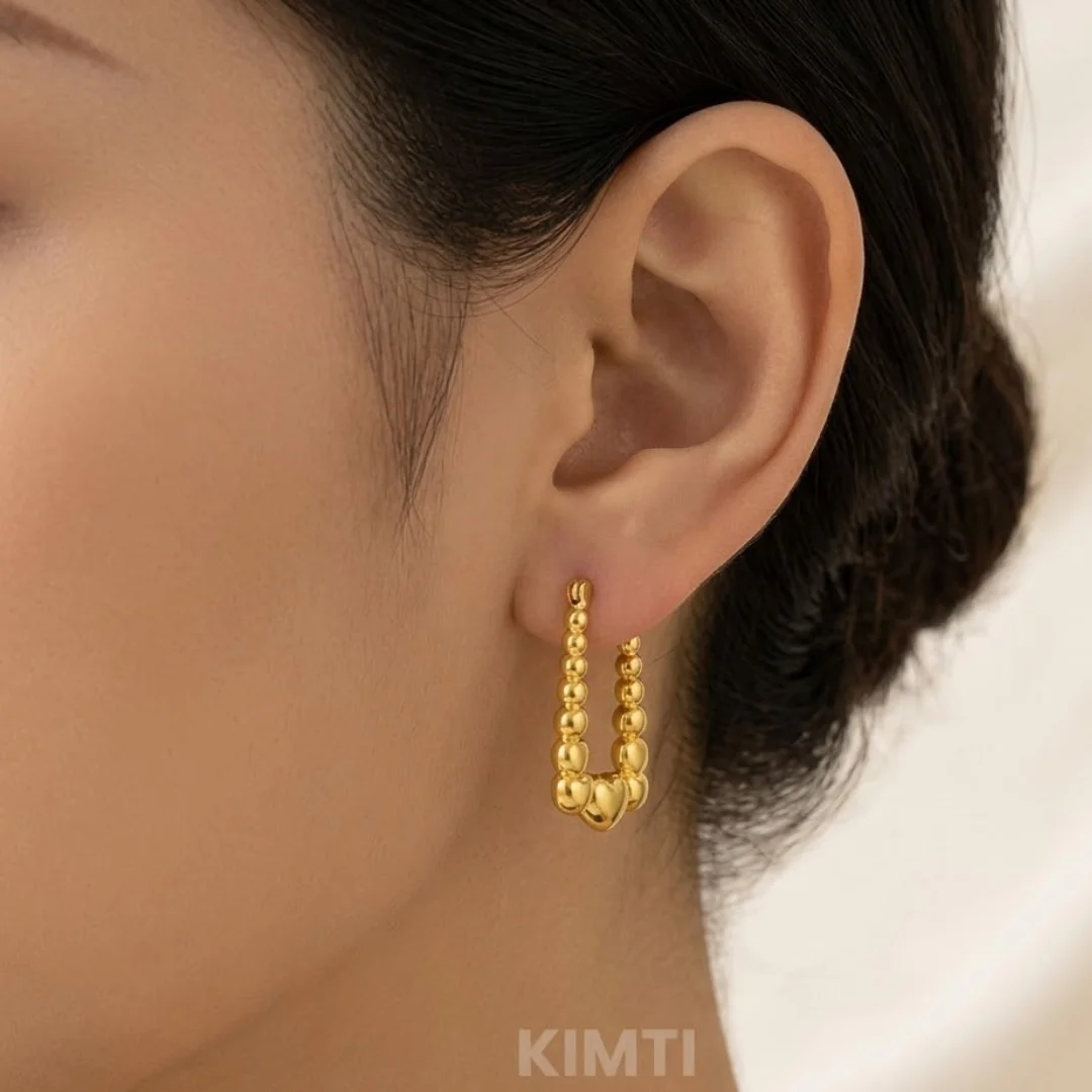 18K Gold Plated Heart Beaded Hoop Anti Tarnish Earring - Image 2
