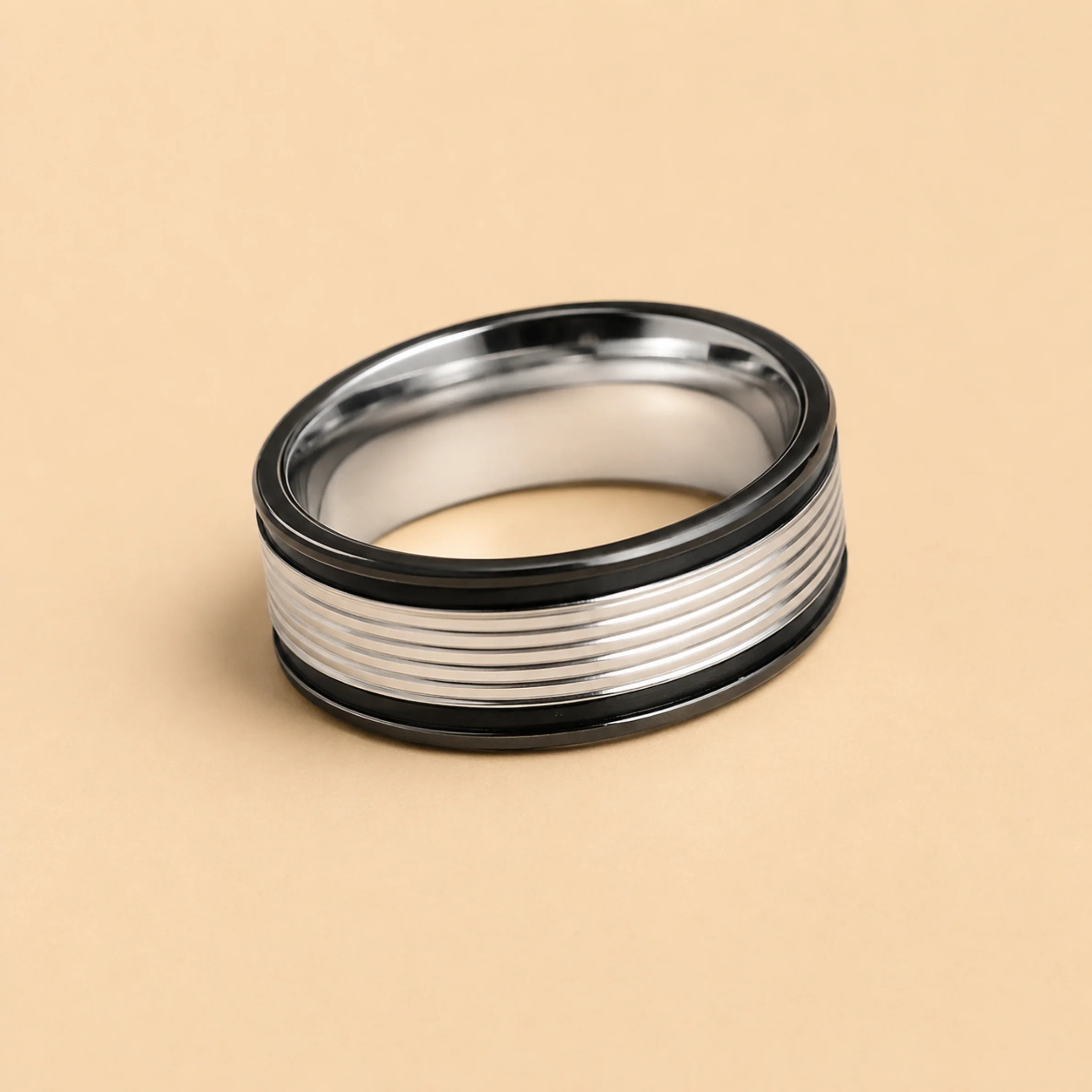 Men - Anti Tarnish Silver Shadow Line Band Ring - Image 2