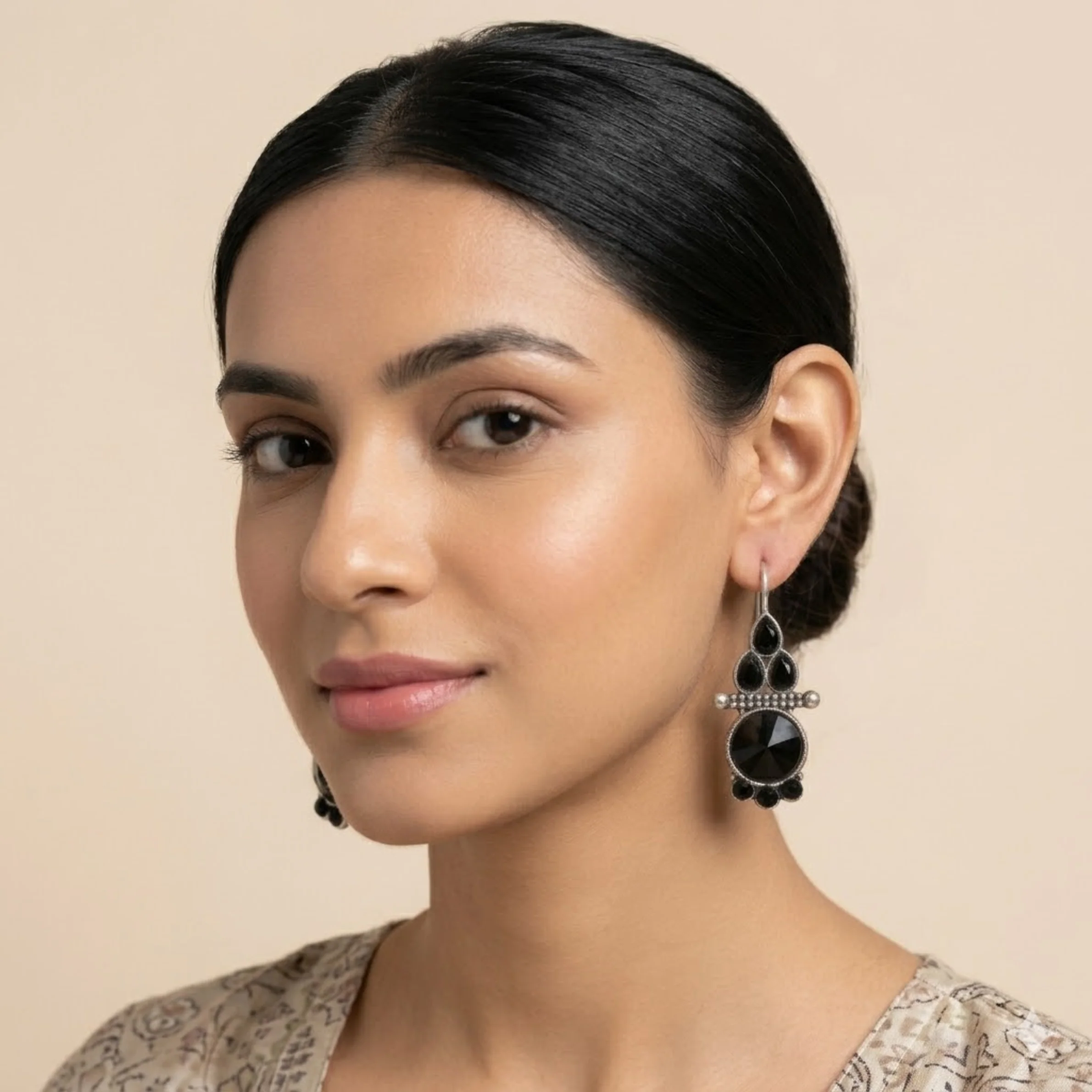 Black Empress Drop Oxidised Earrings - Image 2