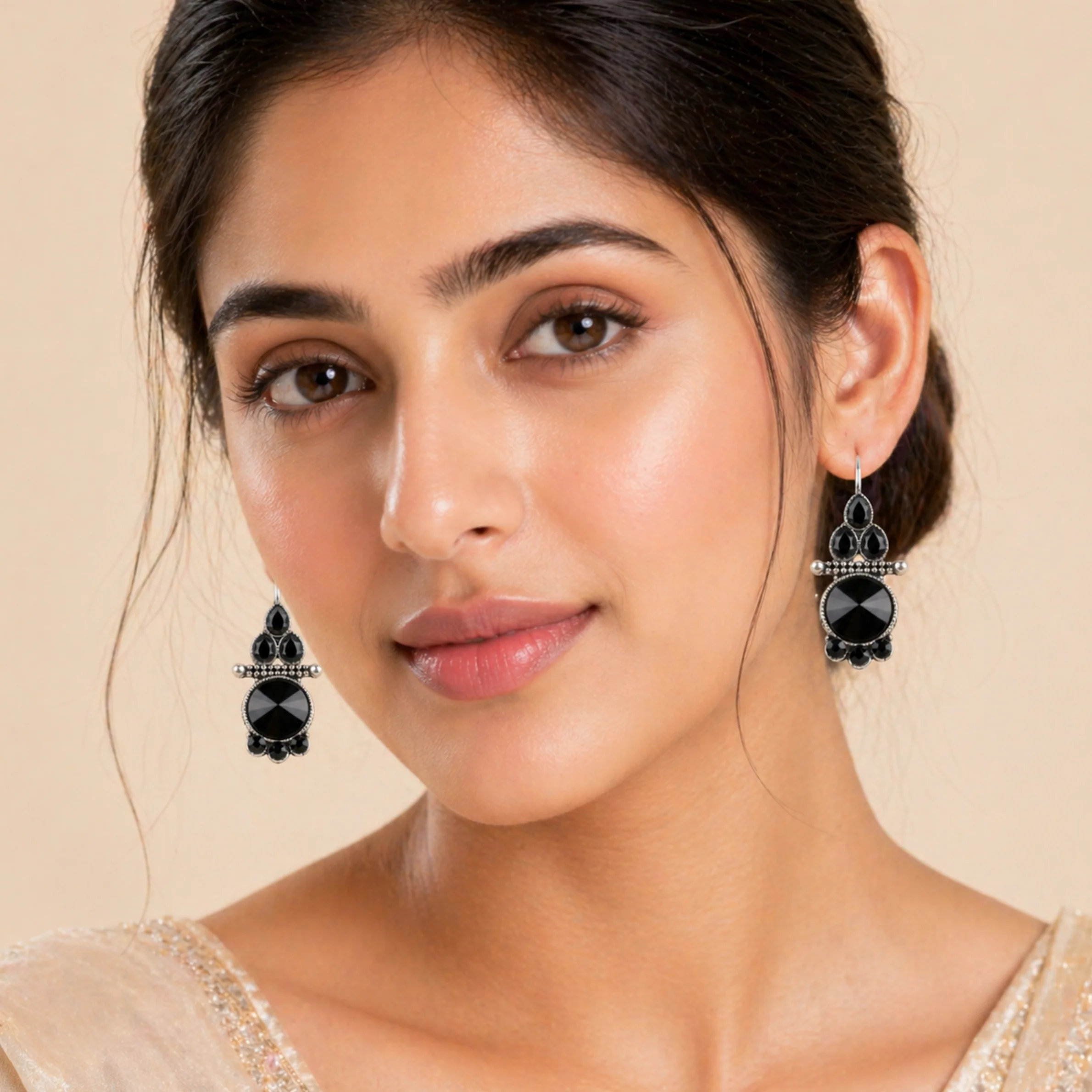 Black Empress Drop Oxidised Earrings - Image 3