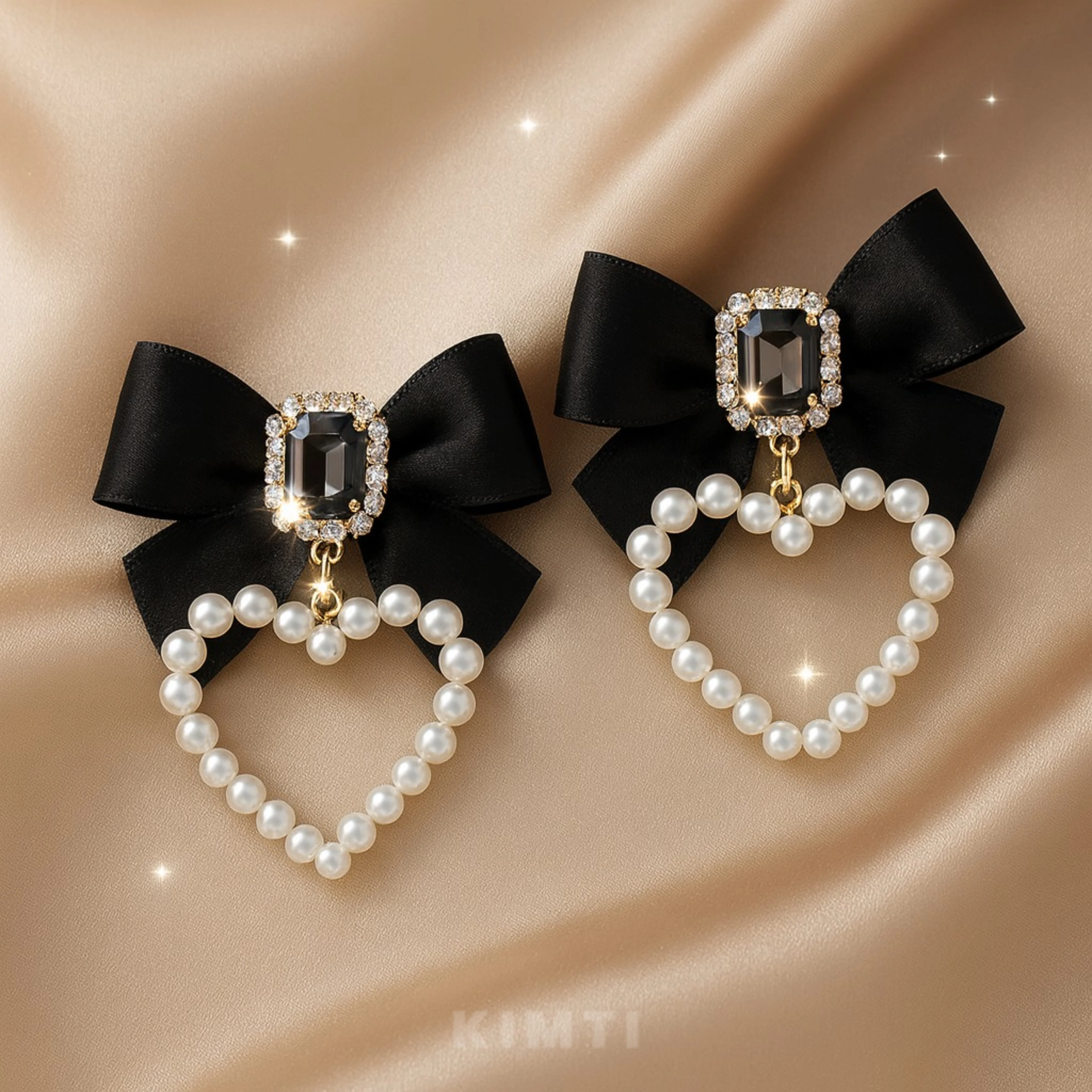 Black Bow Pearl Heart Earrings - Image 3