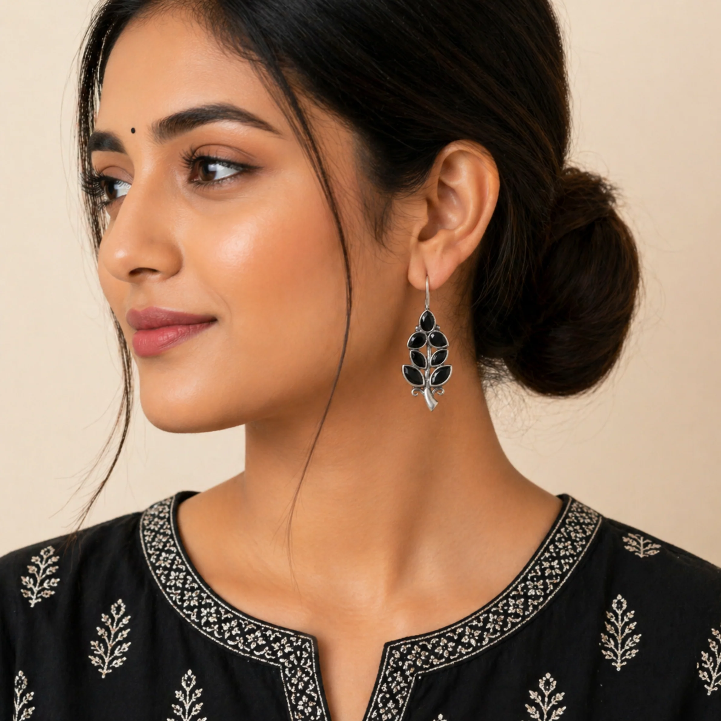 Black Leaf Royale Oxidised Earrings - Image 2