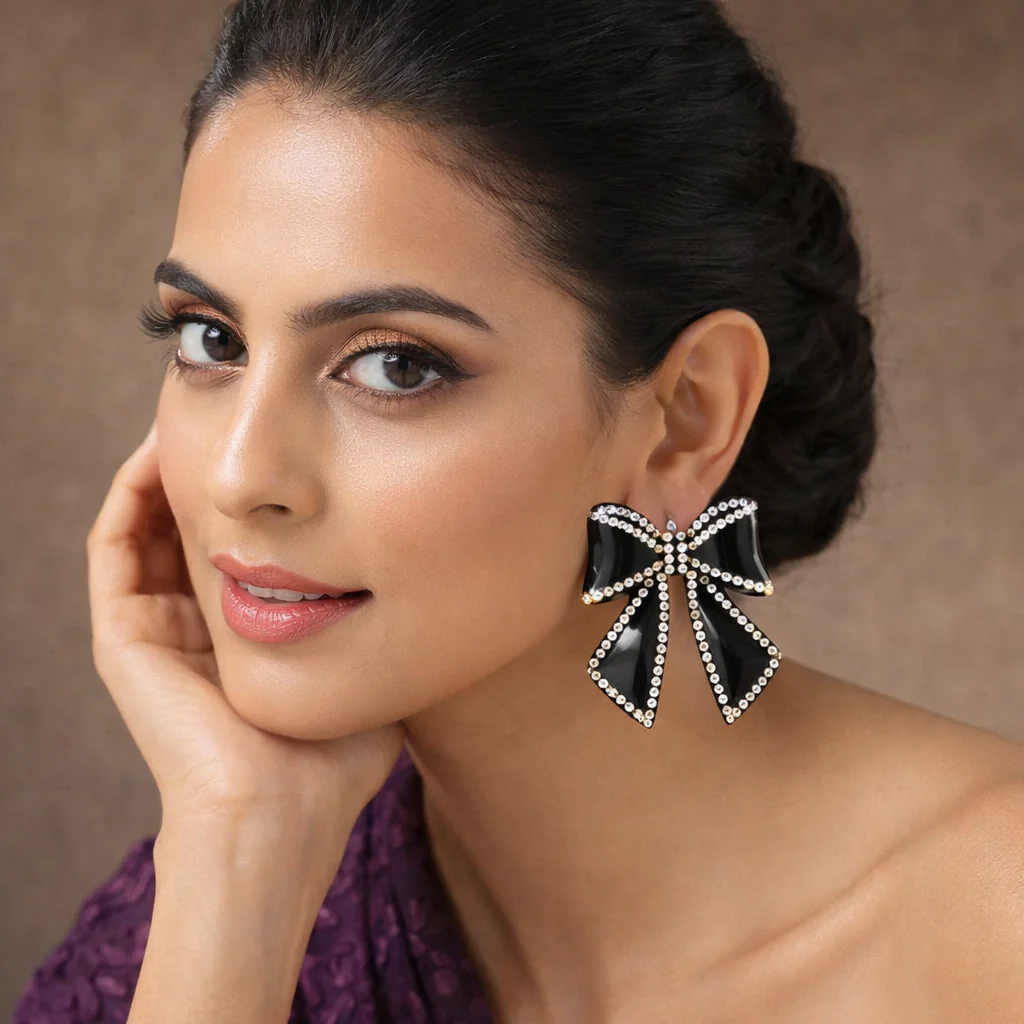 Black Ribbon Crystal Shine Earrings - Image 2