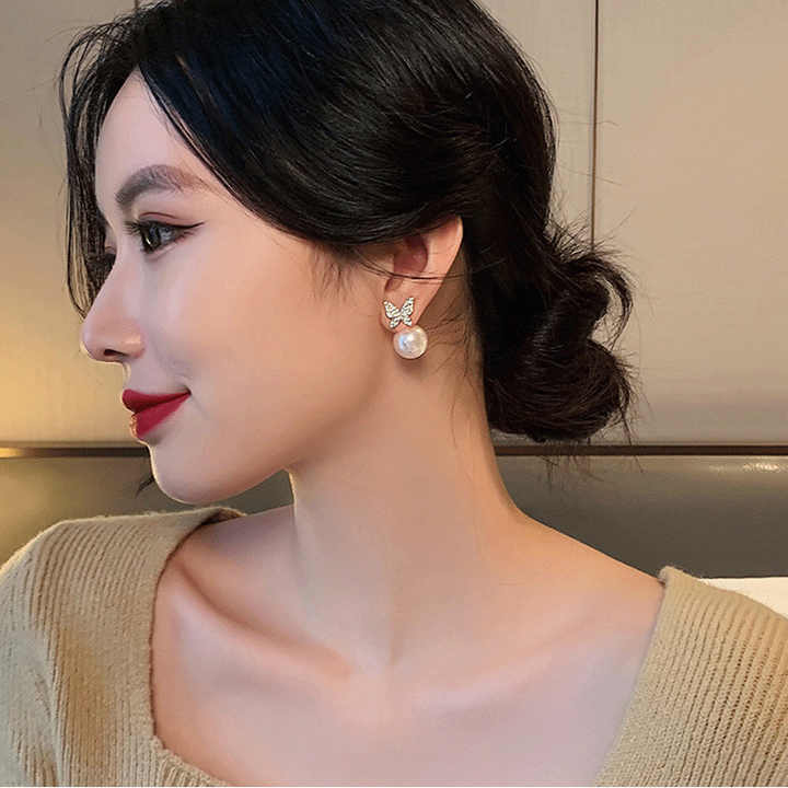 Butterfly Pearl Eardrop Stud  Earrings - Image 2