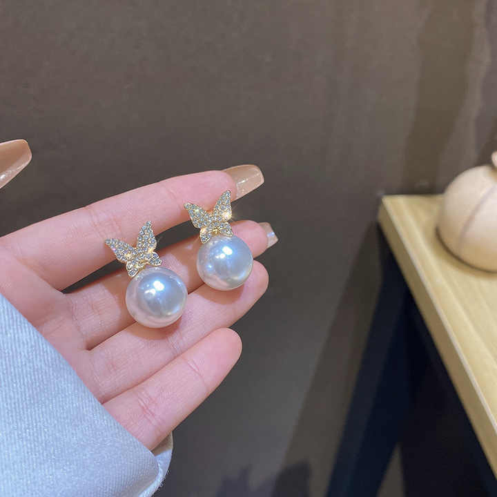 Butterfly Pearl Eardrop Stud  Earrings - Image 3