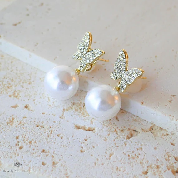 Butterfly Pearl Eardrop Stud  Earrings - Image 5