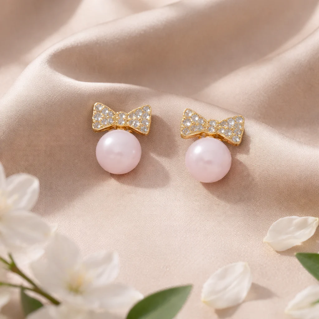 Celeste Pink Pearl Bow Earrings - Image 3