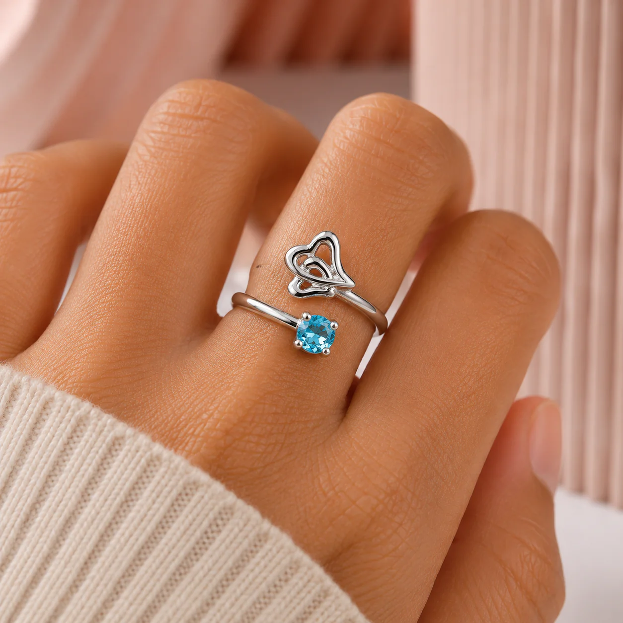Dainty Double Heart Ring with Blue Stone - Image 2