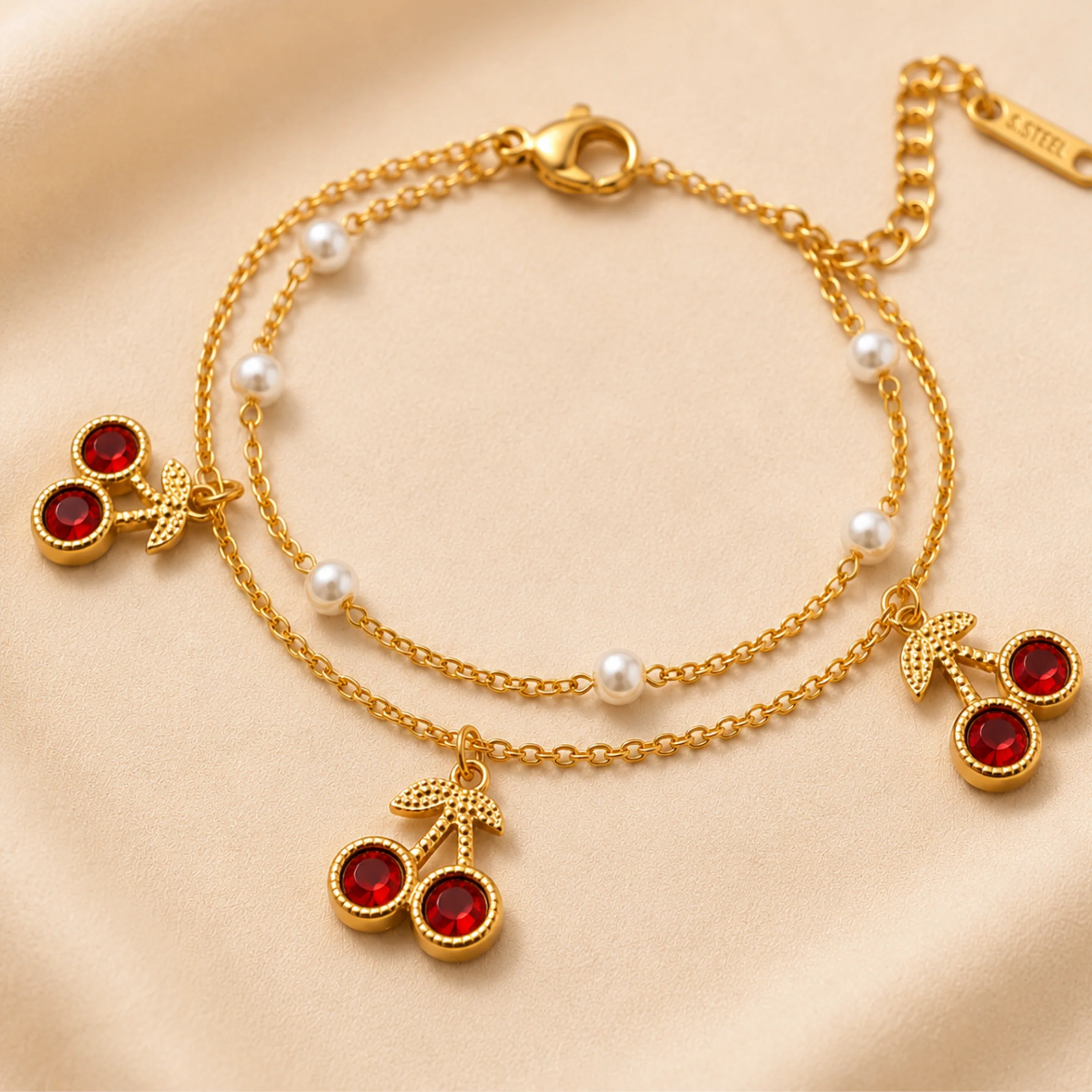 Double Layer Cherry Charm Bracelet - Image 2