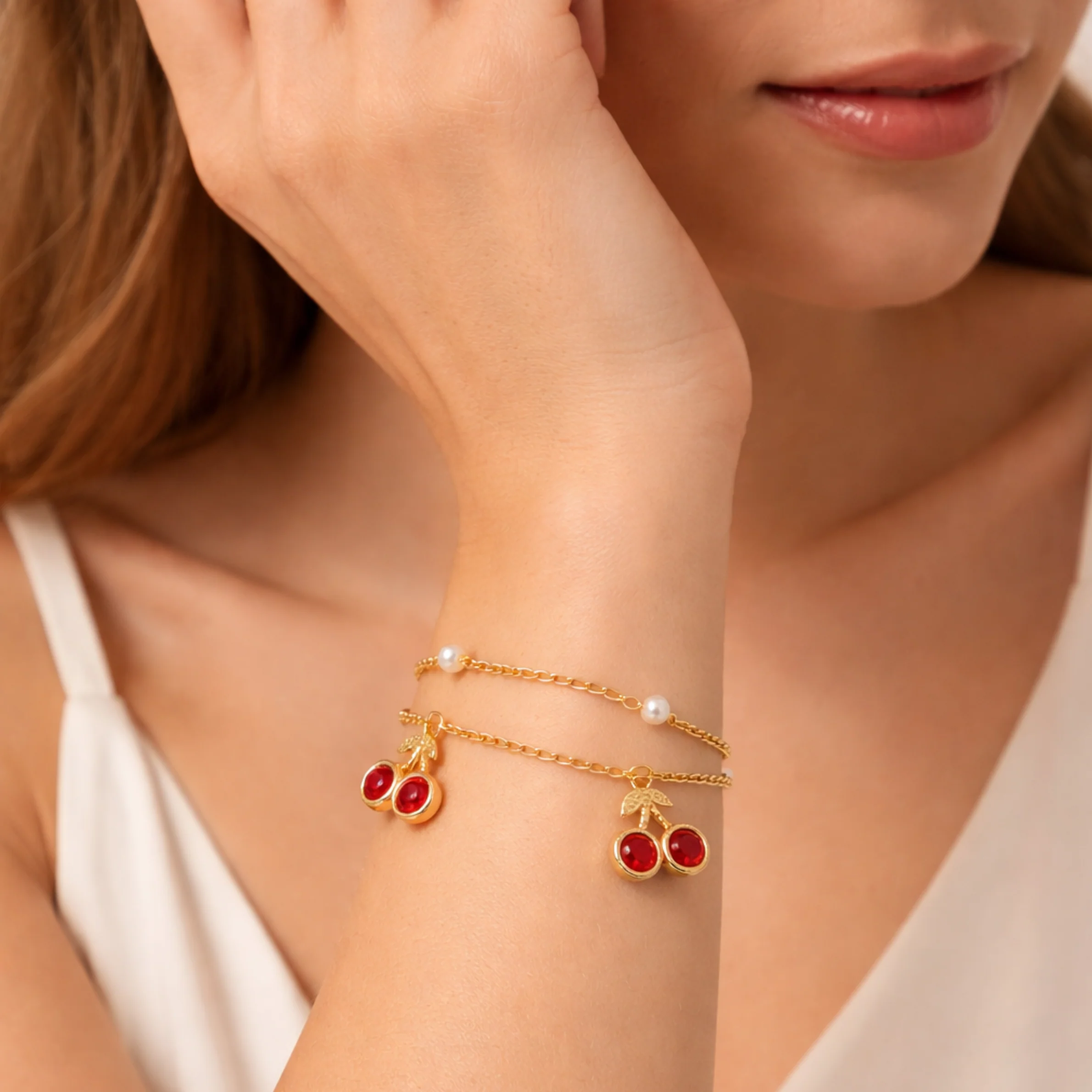 Double Layer Cherry Charm Bracelet - Image 3