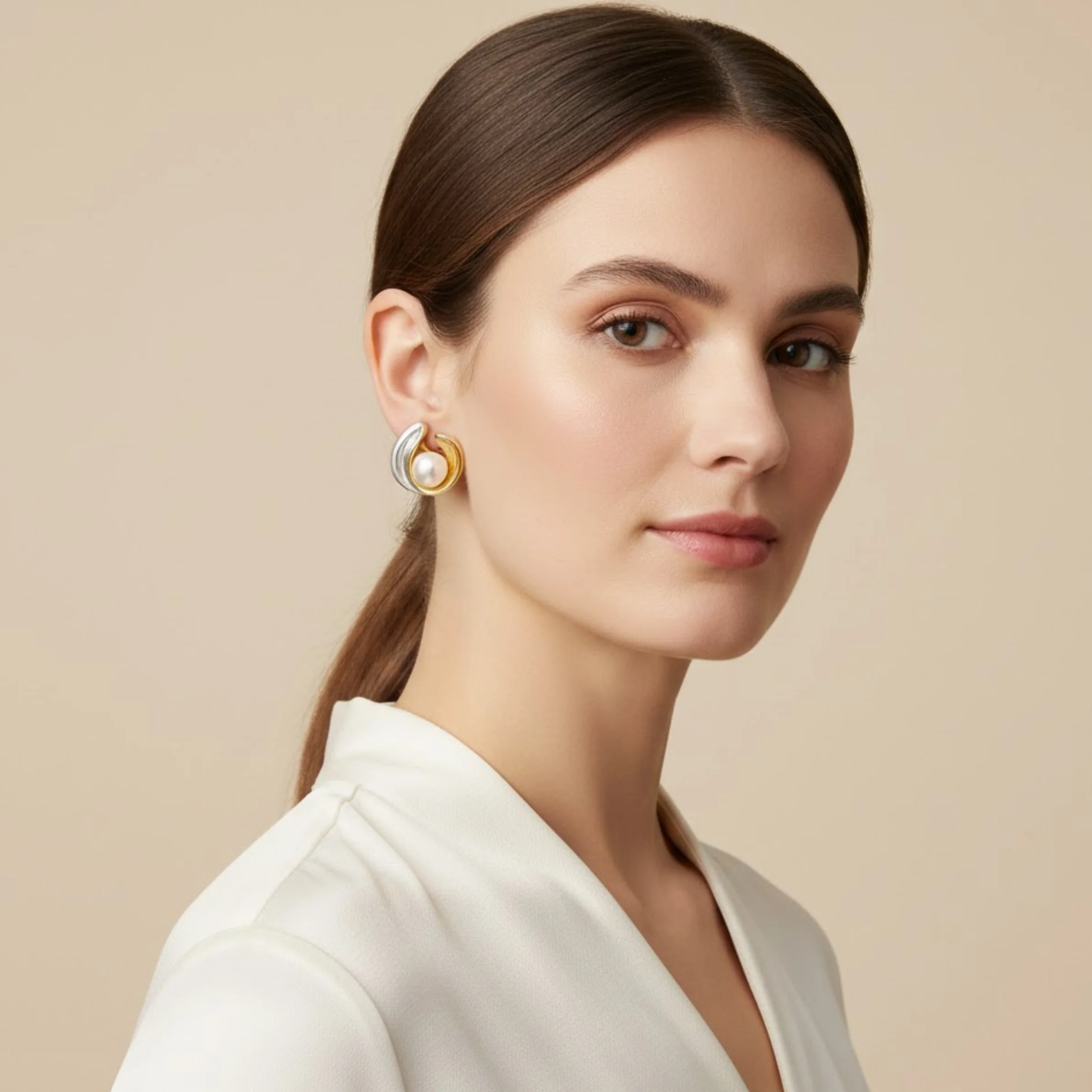 Dual Tone Pearl Designer Earrings - Image 4