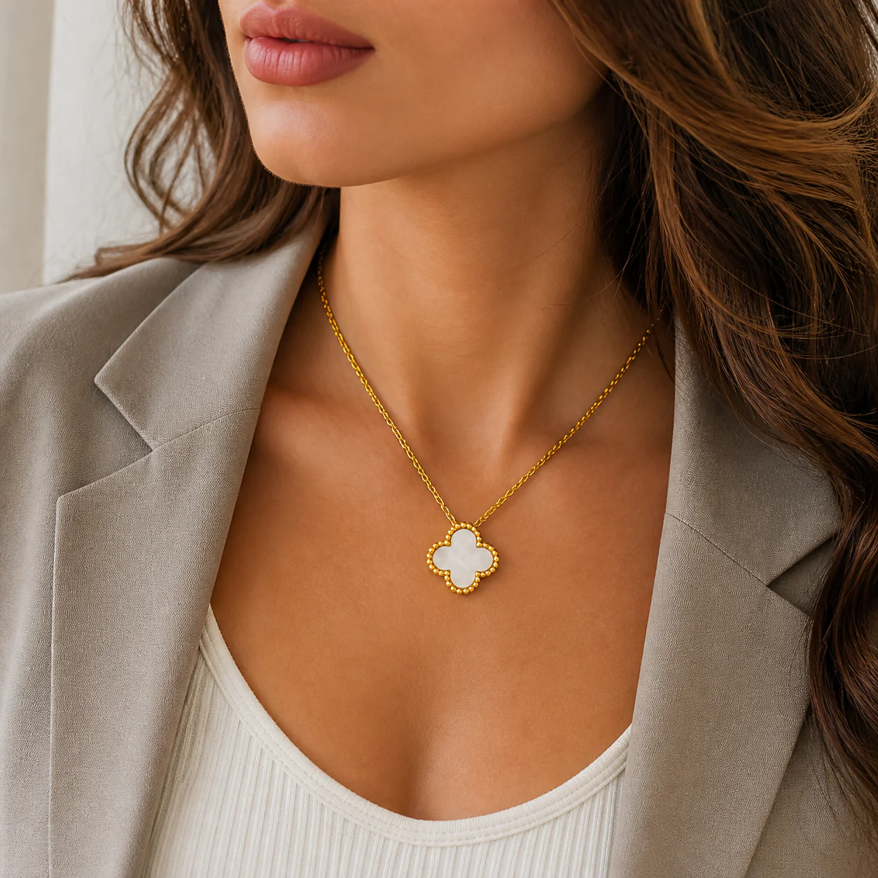 Elegant White Clover Charm Anti Tarnish Necklace - Image 2