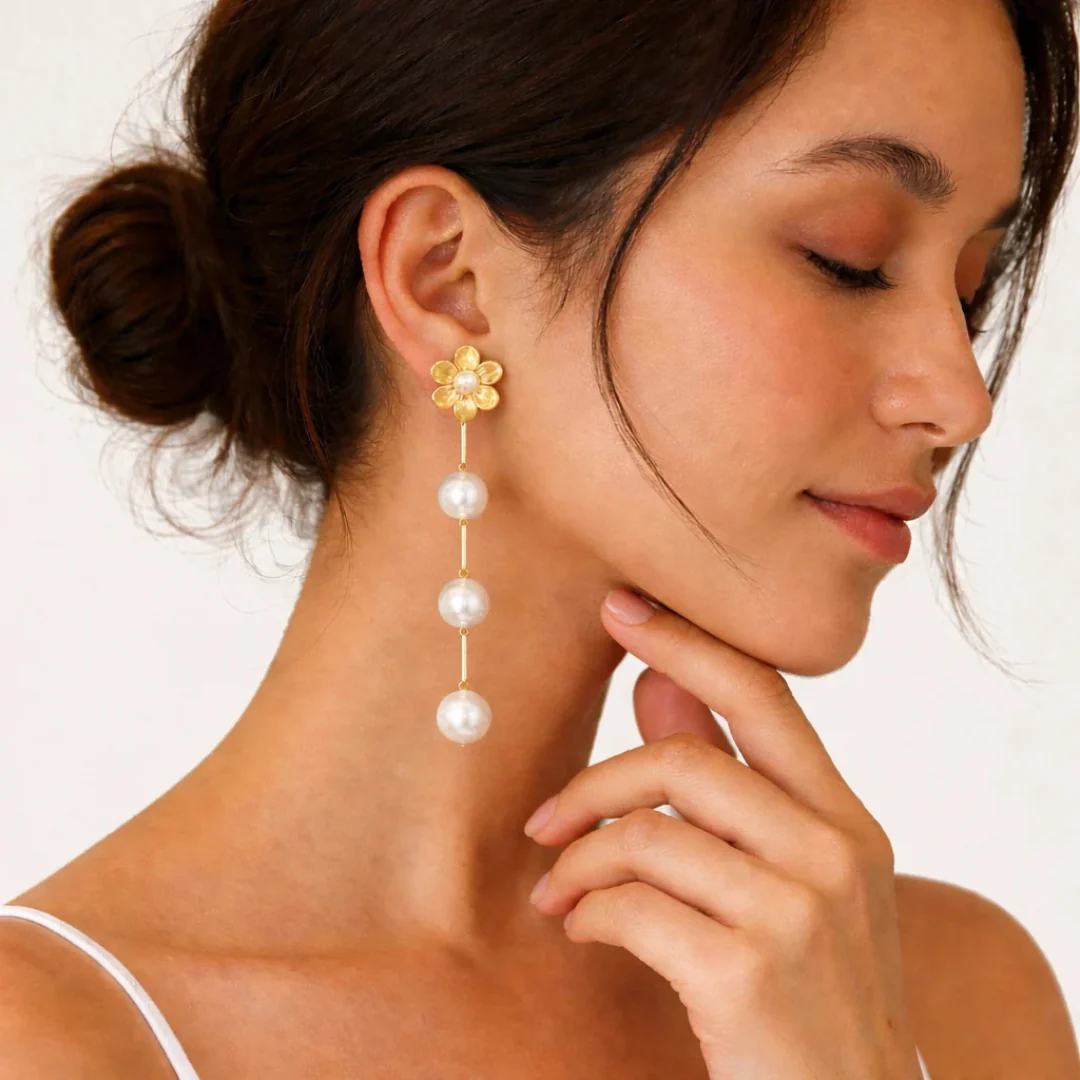 Flower Pearl Line Earrings - Image 2