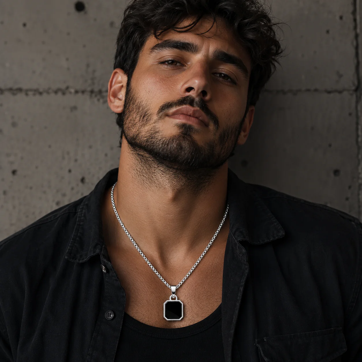 Men - Geometric Black Stone Silver Necklace - Image 2