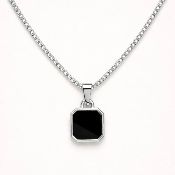 Men - Geometric Black Stone Silver Necklace - Image 3