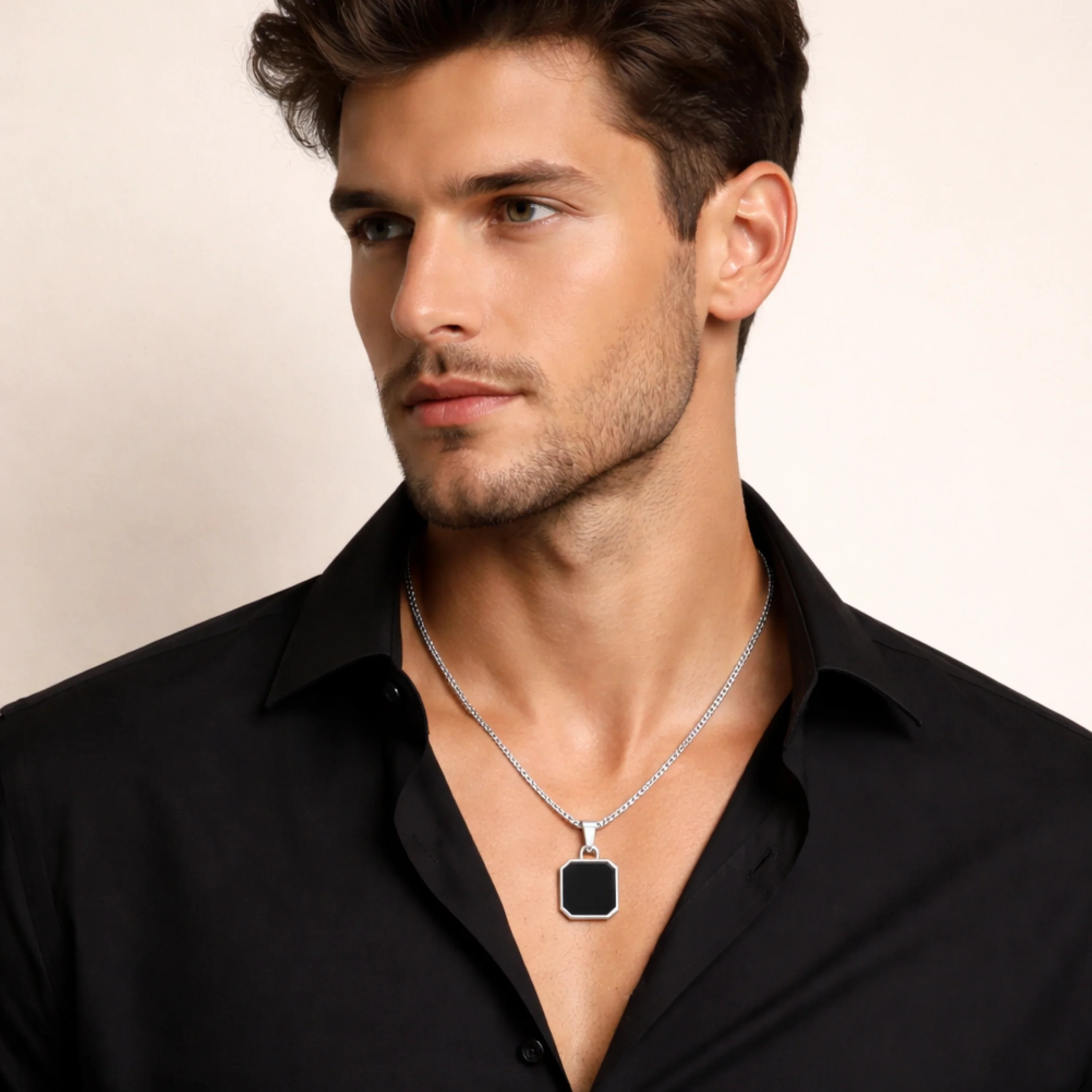 Men - Geometric Black Stone Silver Necklace - Image 4