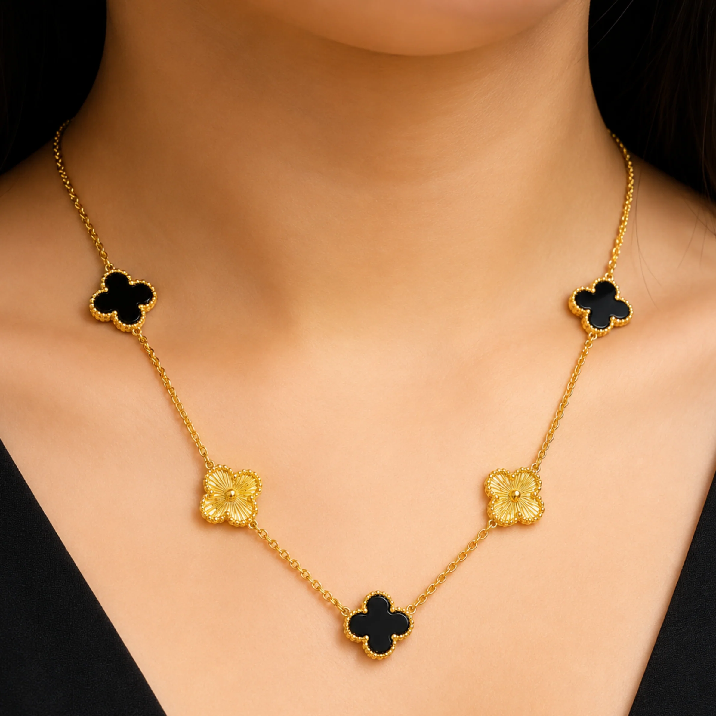 Golden Black Clover Anti Tarnish Necklace - Image 3