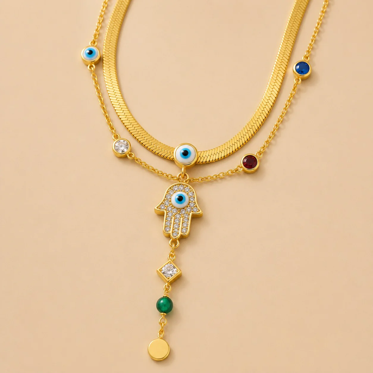 Golden Hamsa Evil Eye Layered Necklace