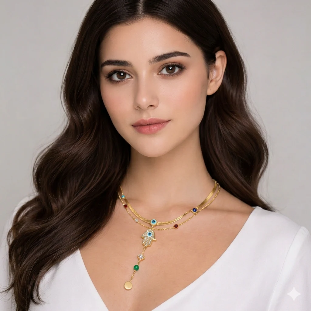 Golden Hamsa Evil Eye Layered Necklace - Image 2