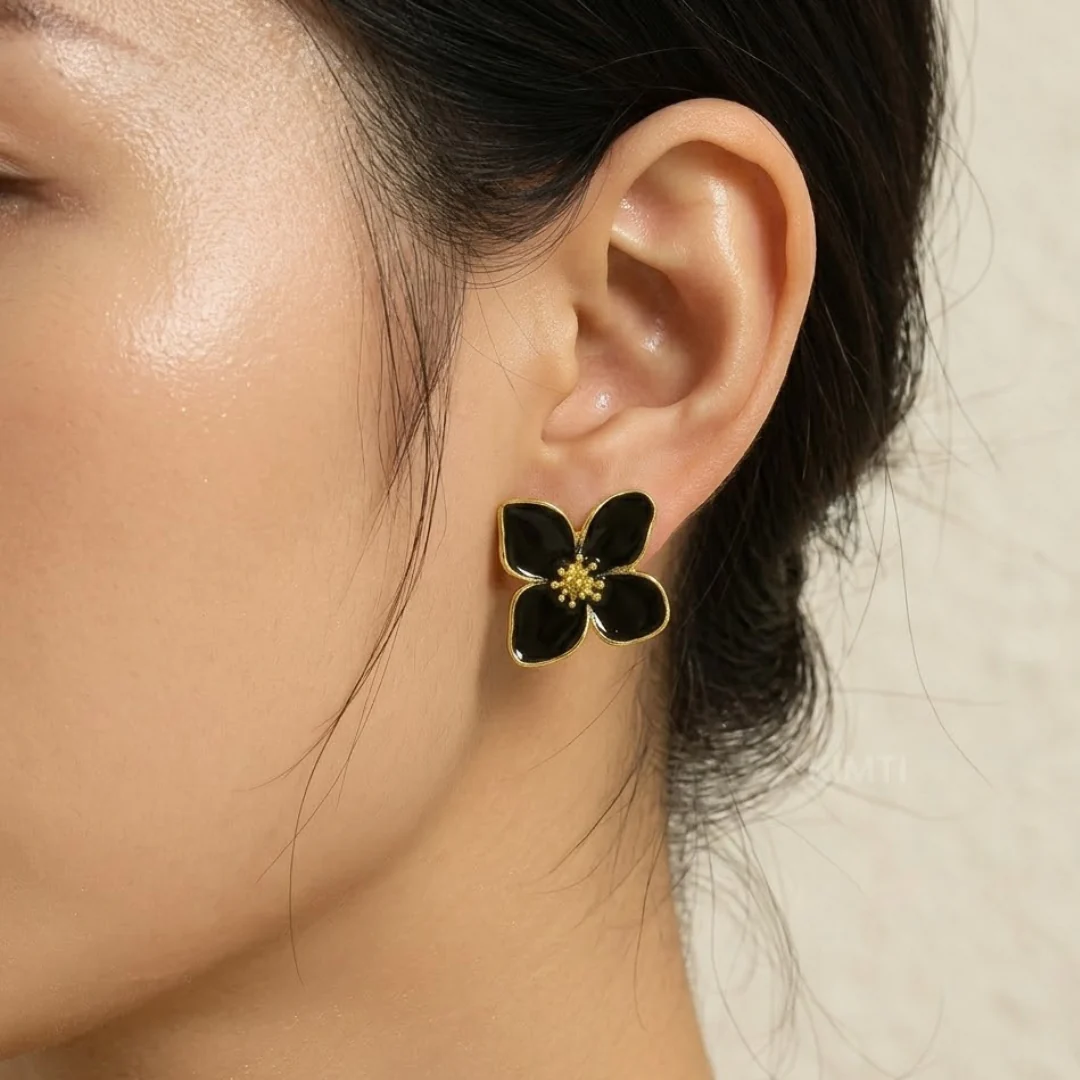 Black Flower Stud Korean Earring - Image 2