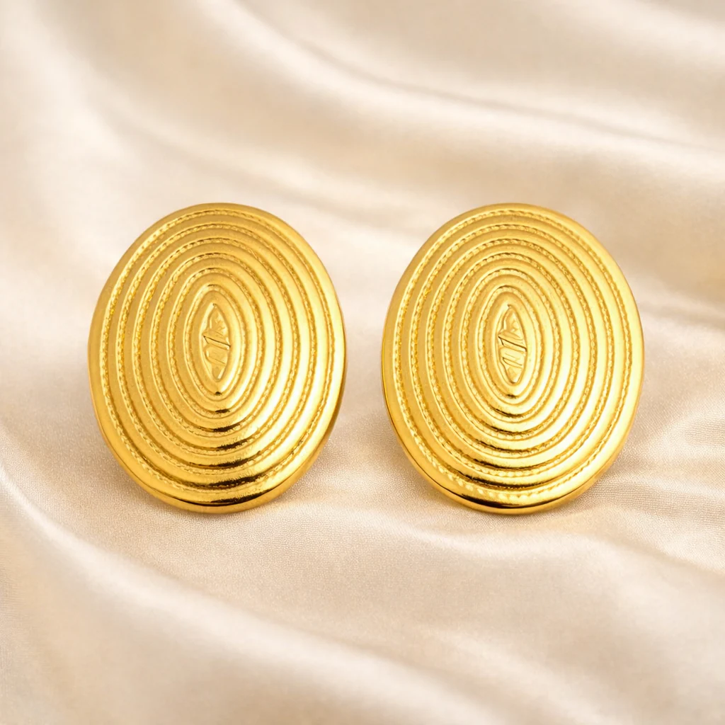 18K Gold Plated Round Textured Stud Earrings