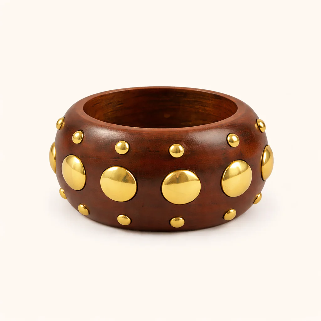 Handcrafted Wood Polished Gold Stud Detailing Bangle - Image 2