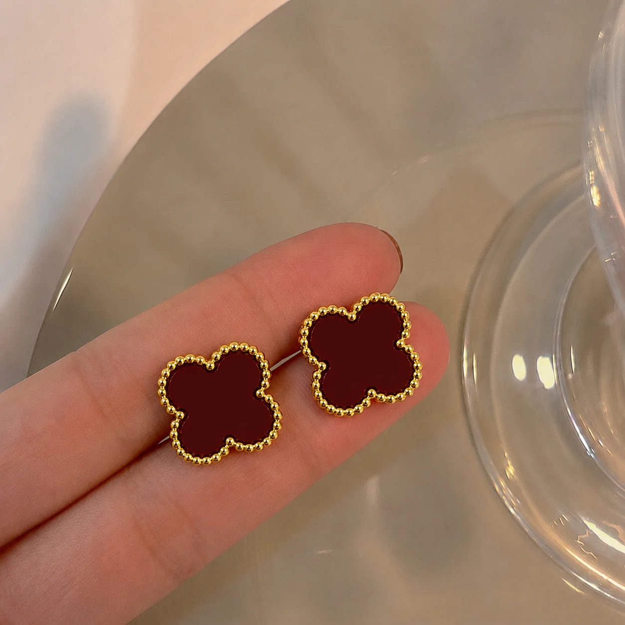 Scarlet Clover Anti Tarnish Stud Earrings - Image 3