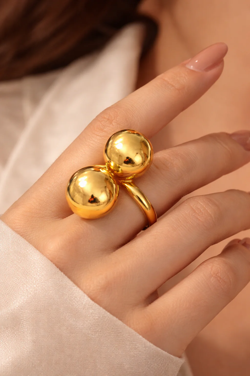 18K Gold Plated Luna Double Sphere Ring - Image 2