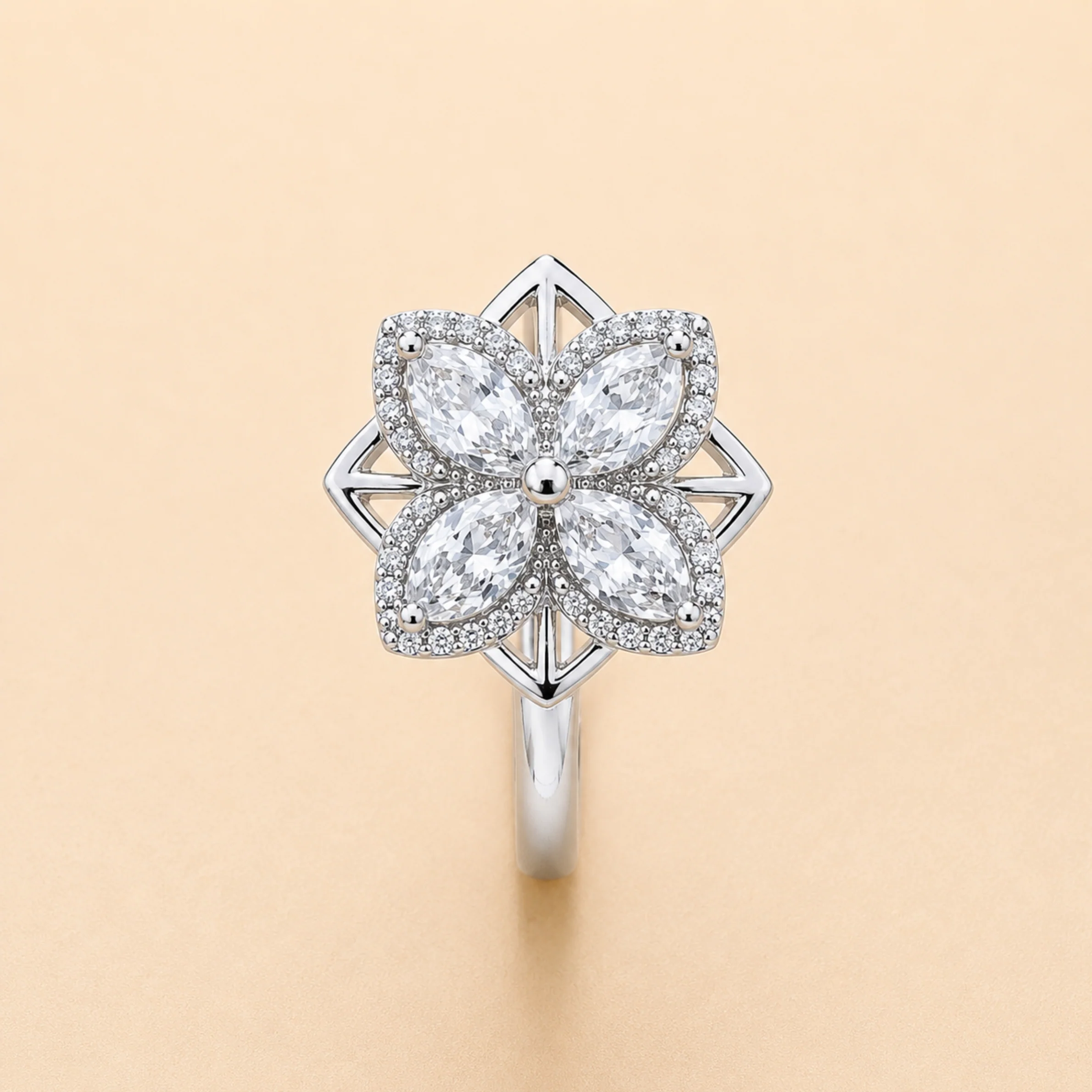Luxury Four Petal Crystal Flower Ring for Women