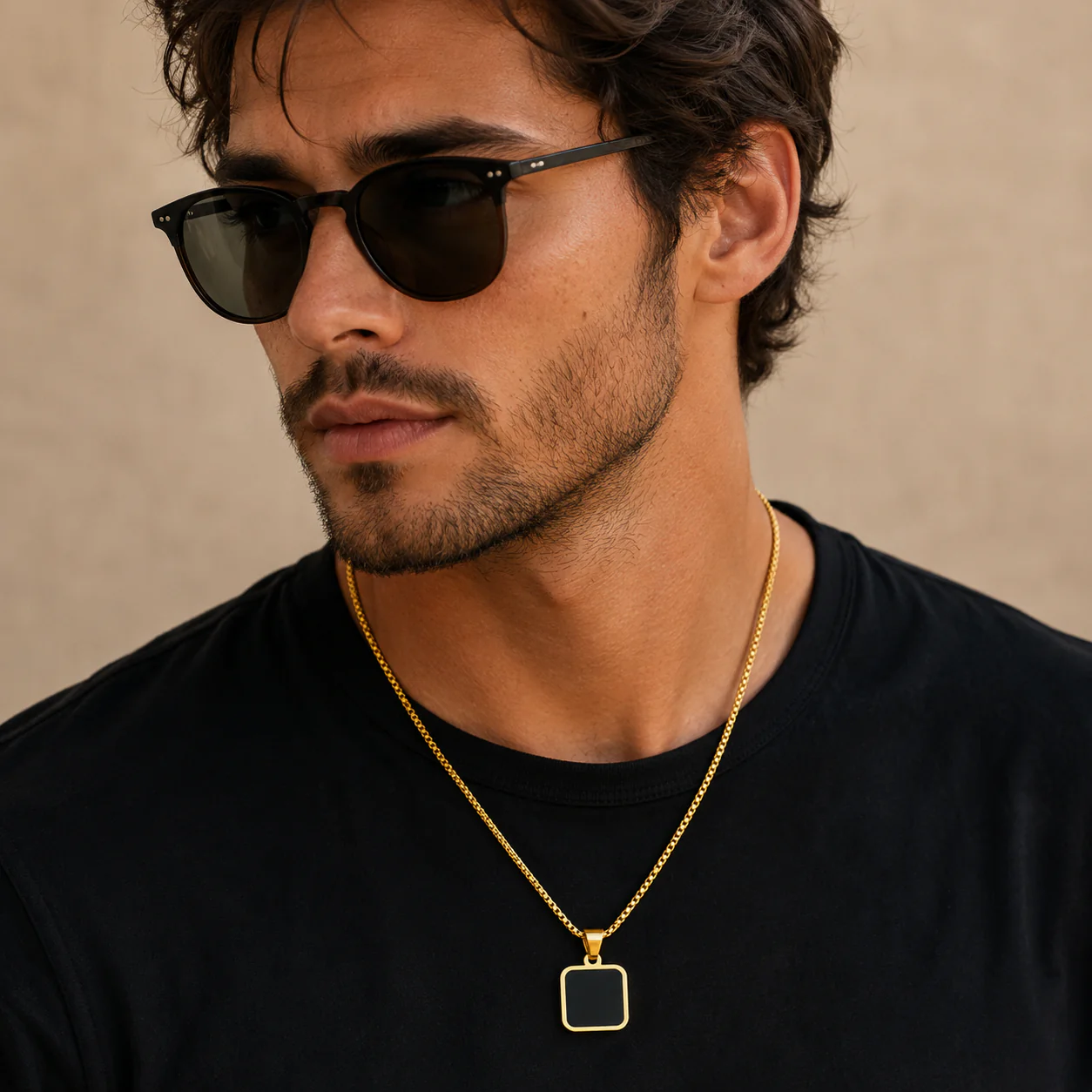 Men-18K Gold Plated Anti Tarnish Black Square Charm Chain - Image 2
