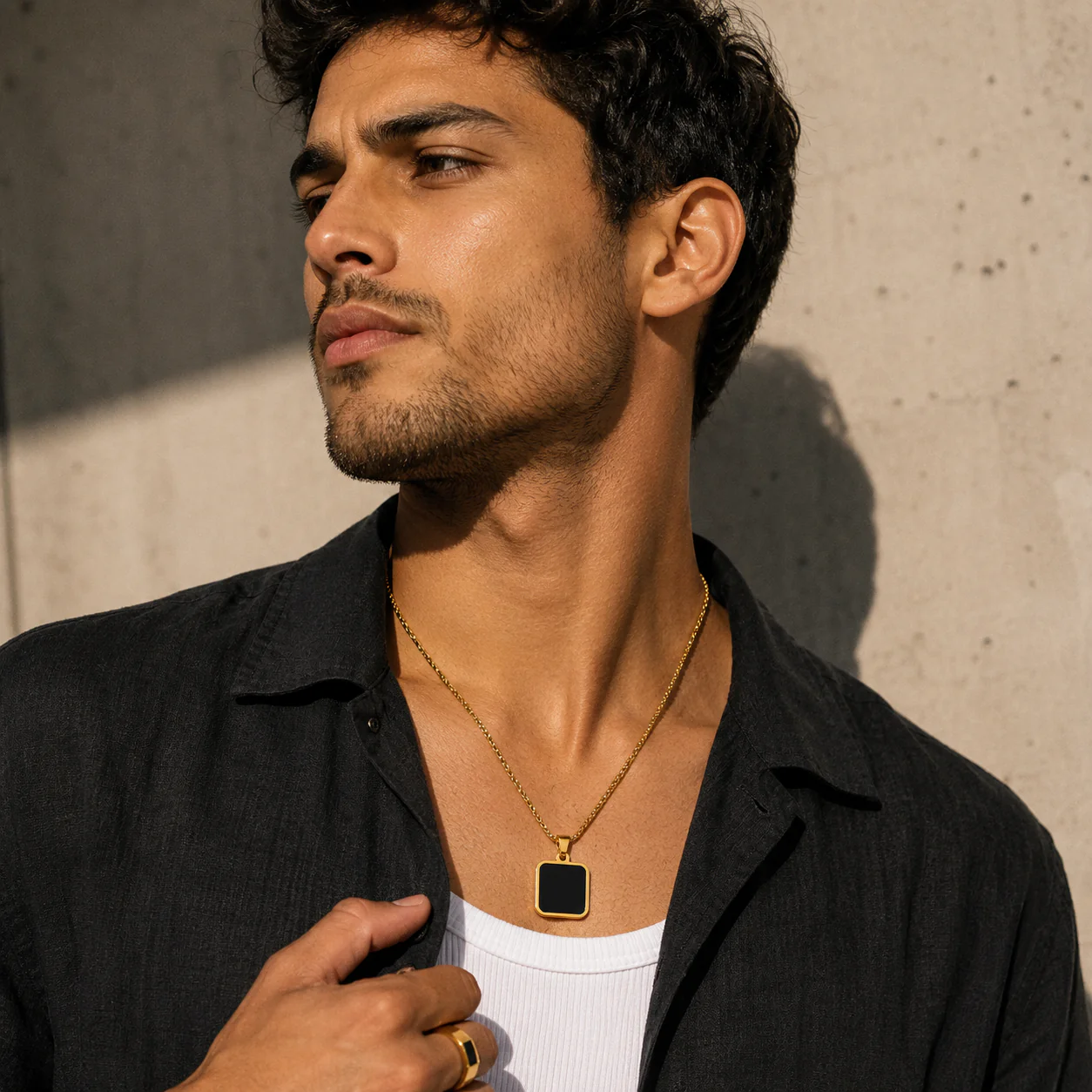 Men-18K Gold Plated Anti Tarnish Black Square Charm Chain - Image 3