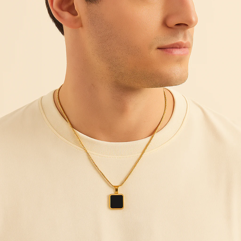 Men-18K Gold Plated Anti Tarnish Black Square Charm Chain - Image 4