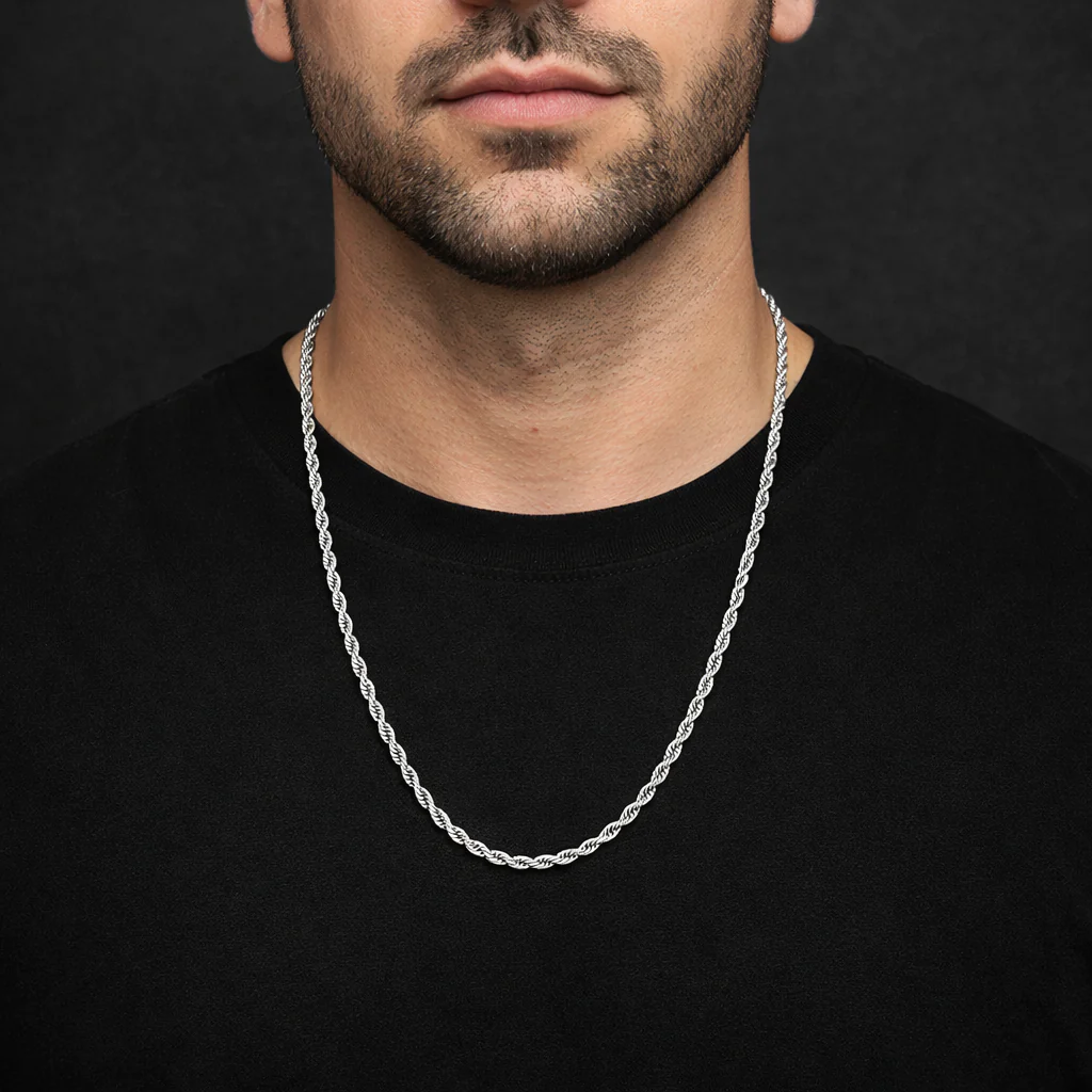 Men-18K Silver Plated Rope Luxe Silver Chain