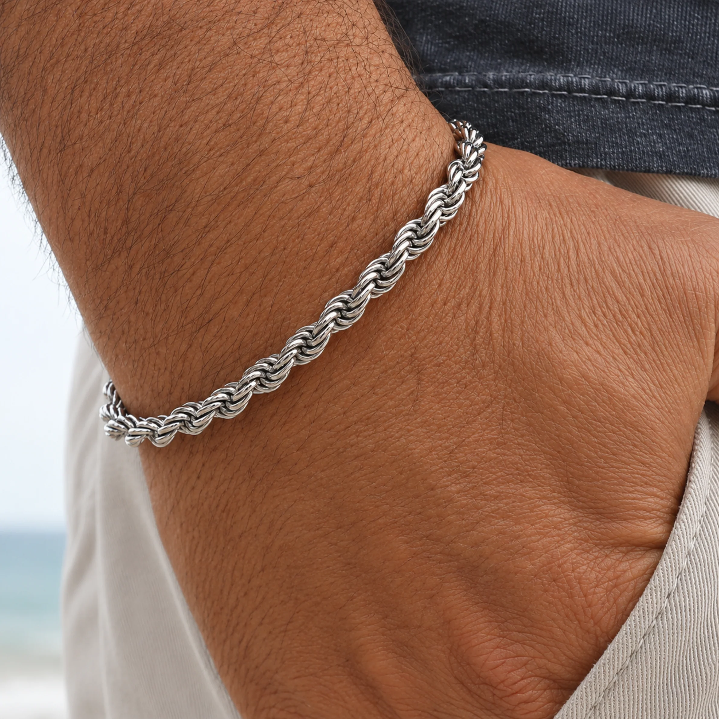 Men - Silver Rope Chain Bracelet - Image 2
