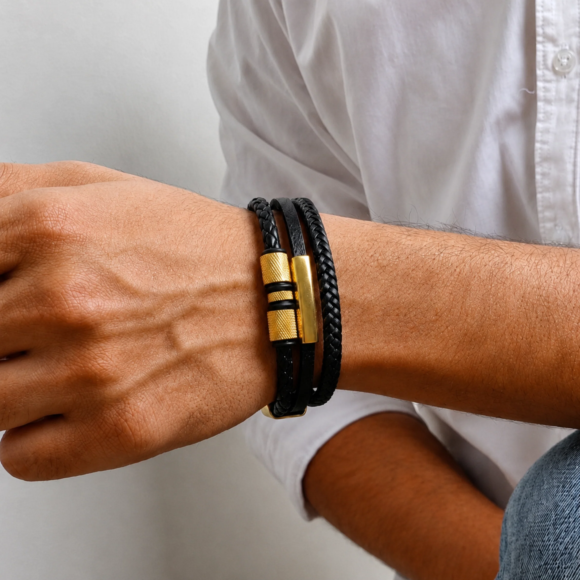 Men - Titan Gold Leather Bracelet - Image 2