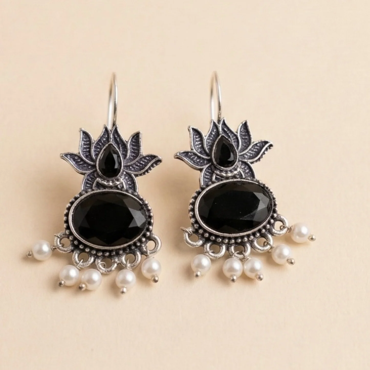 Midnight Lotus Pearl Oxidised Earrings