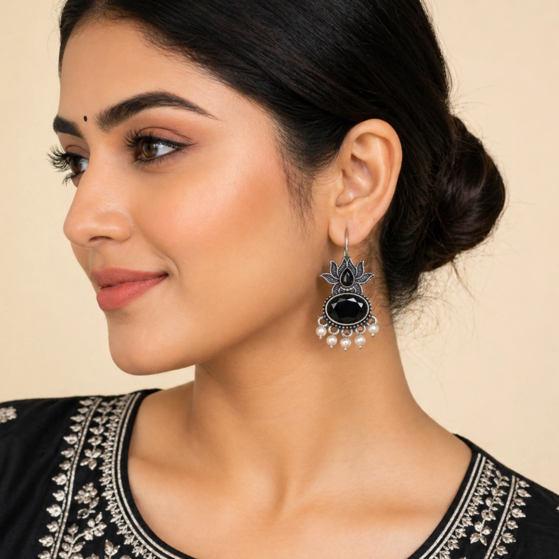Midnight Lotus Pearl Oxidised Earrings - Image 2