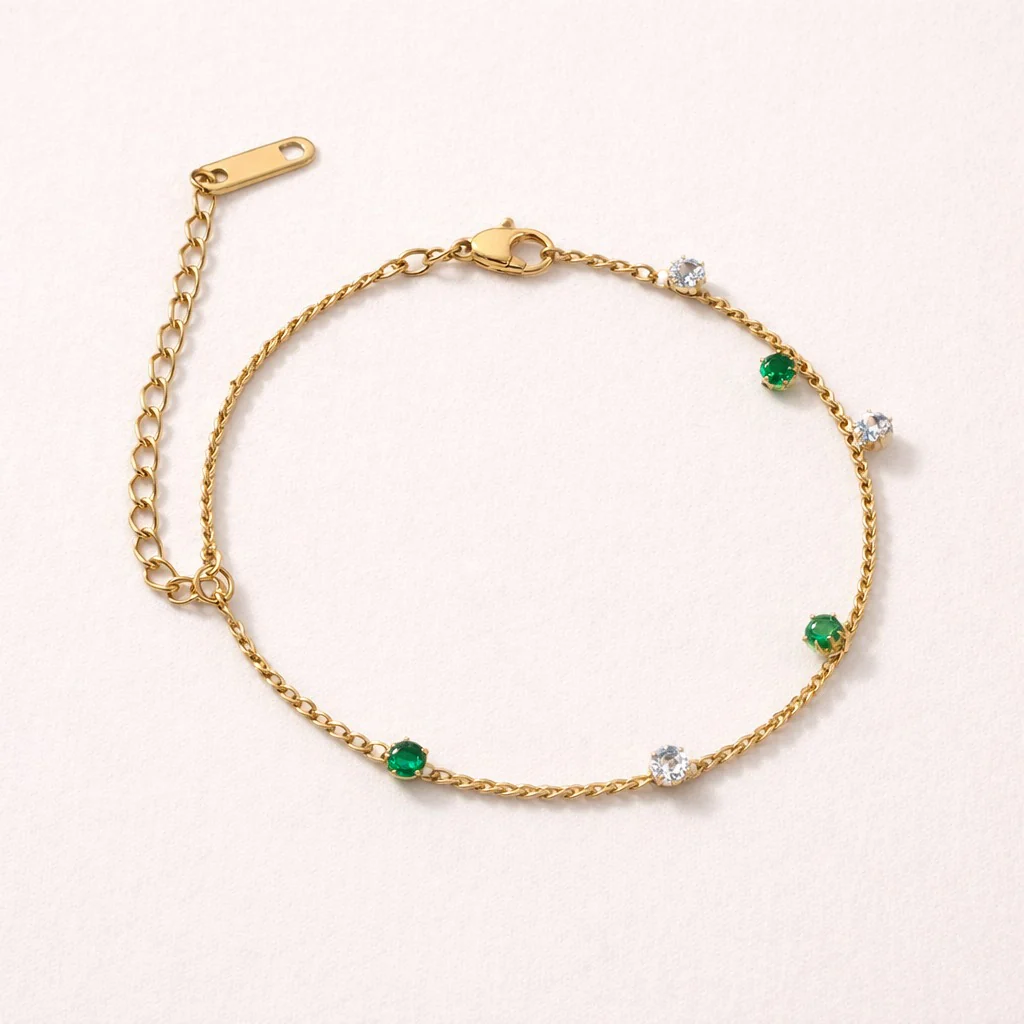 Minimal Green Stone Gold Chain Bracelet