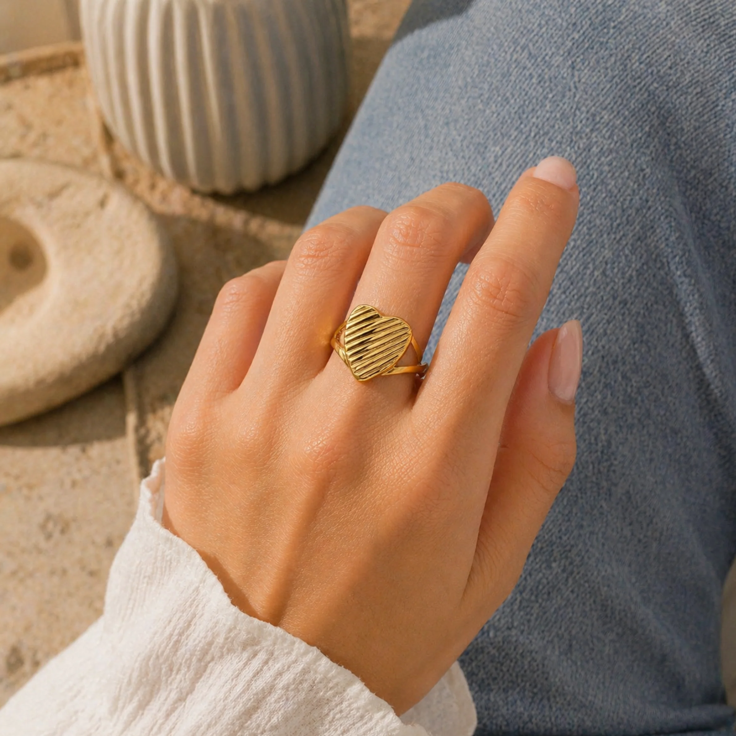 Modern Golden Heart Charm Ring - Image 2