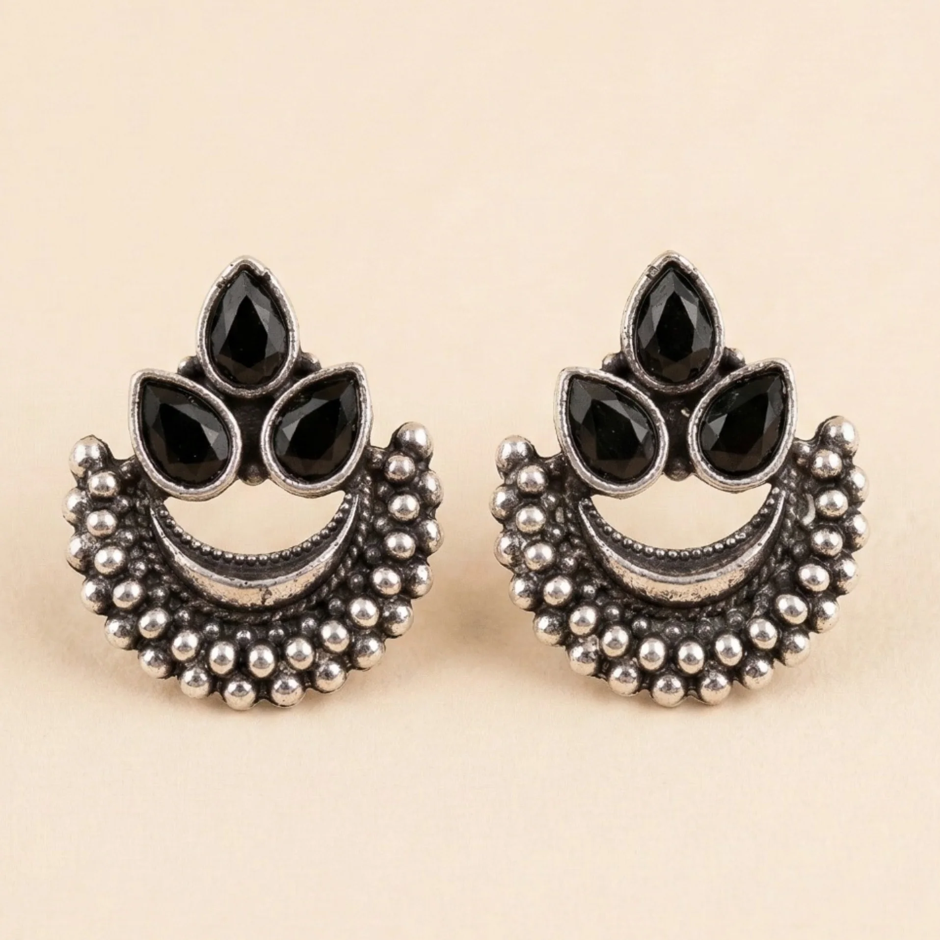 Moonstone Crown Oxidised Earrings