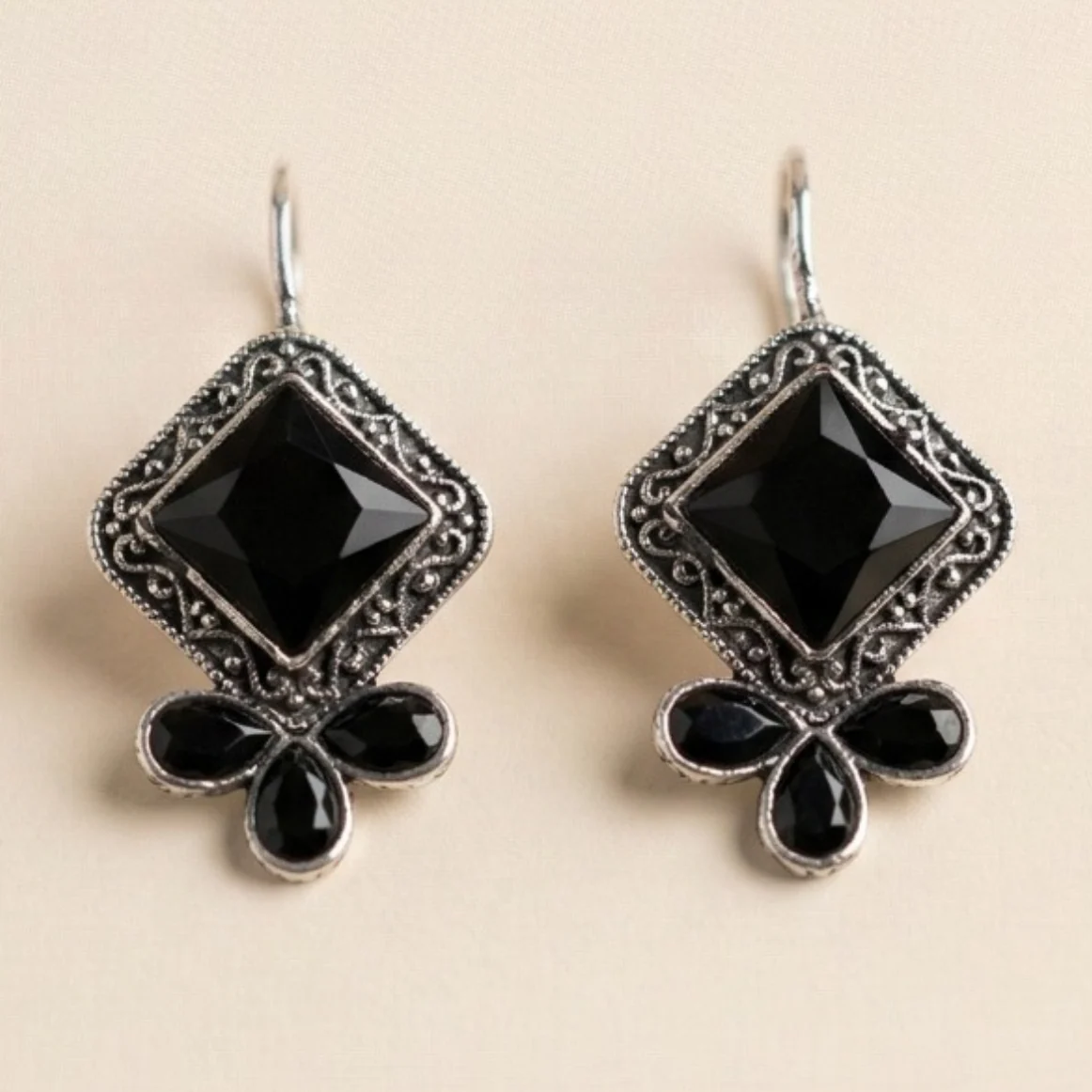 Noir Diamond Charm Oxidised Earrings