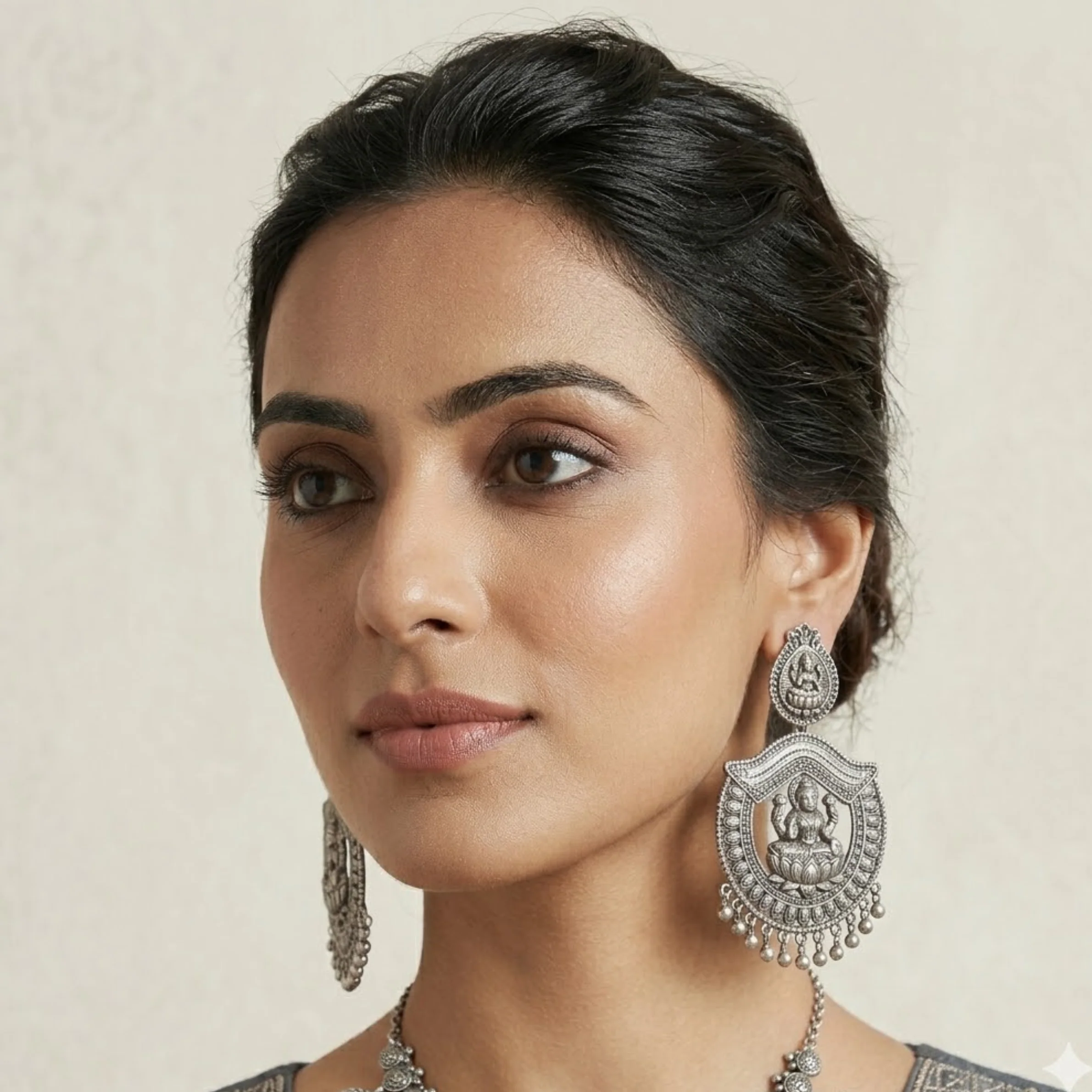 Oxidized Silver Lakshmi Temple Earrings with Lotus Motif & Beaded Drops - Image 2