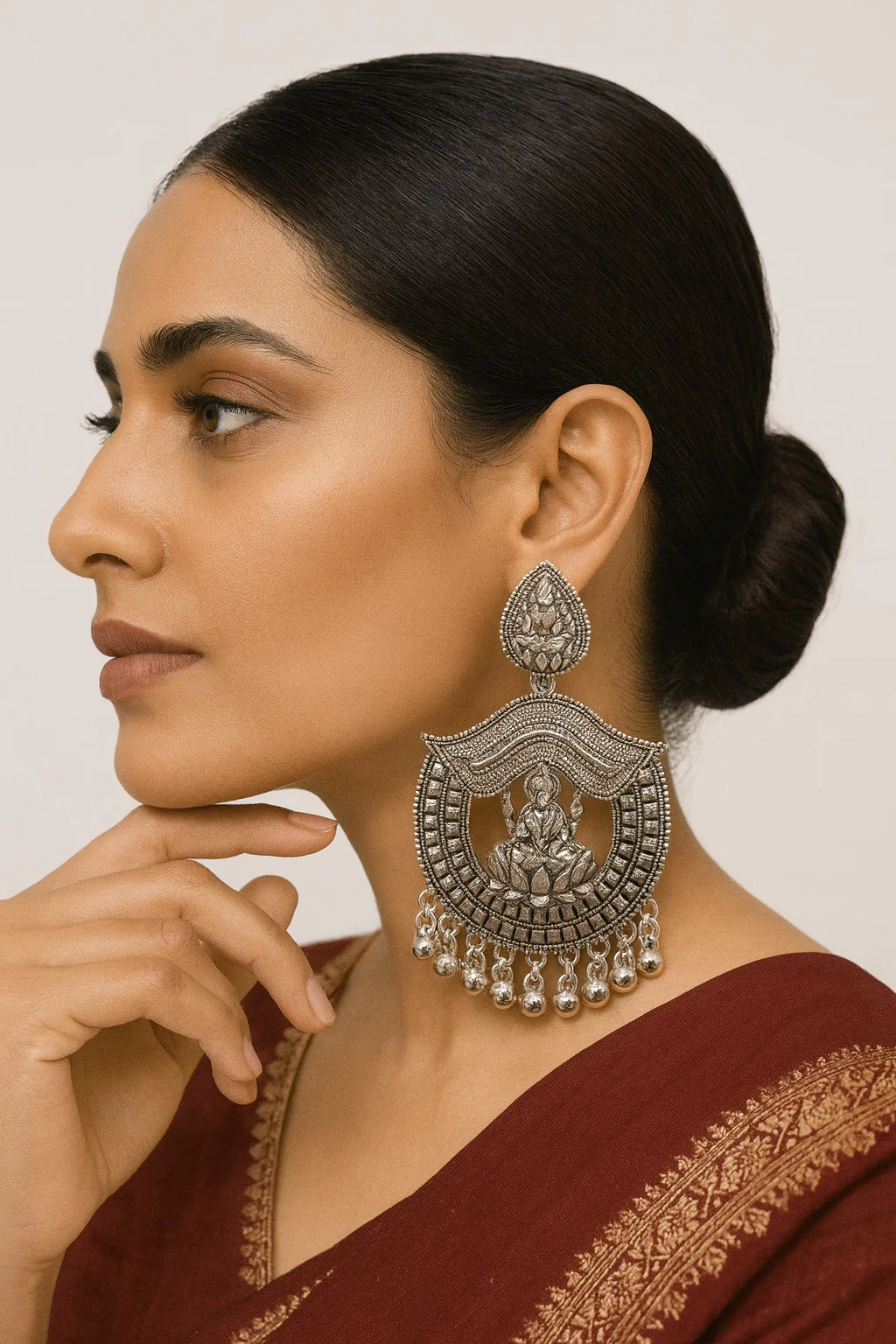 Oxidized Silver Lakshmi Temple Earrings with Lotus Motif & Beaded Drops - Image 3