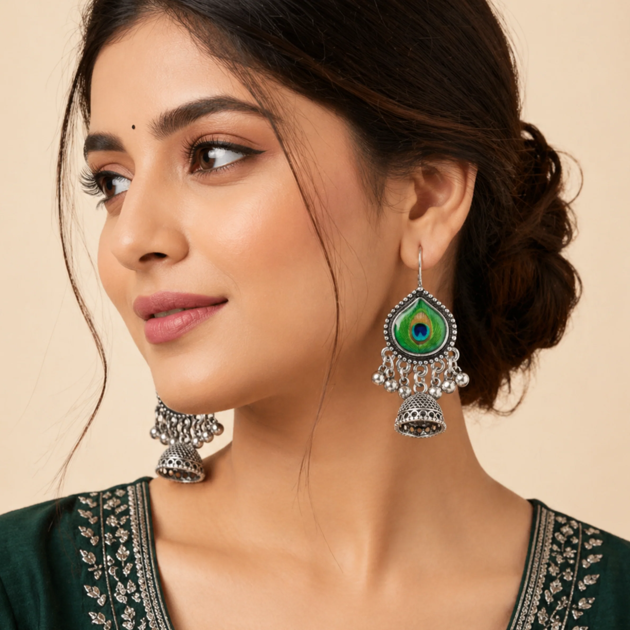 Peacock Eye Ghungroo Oxidised Earrings - Image 2