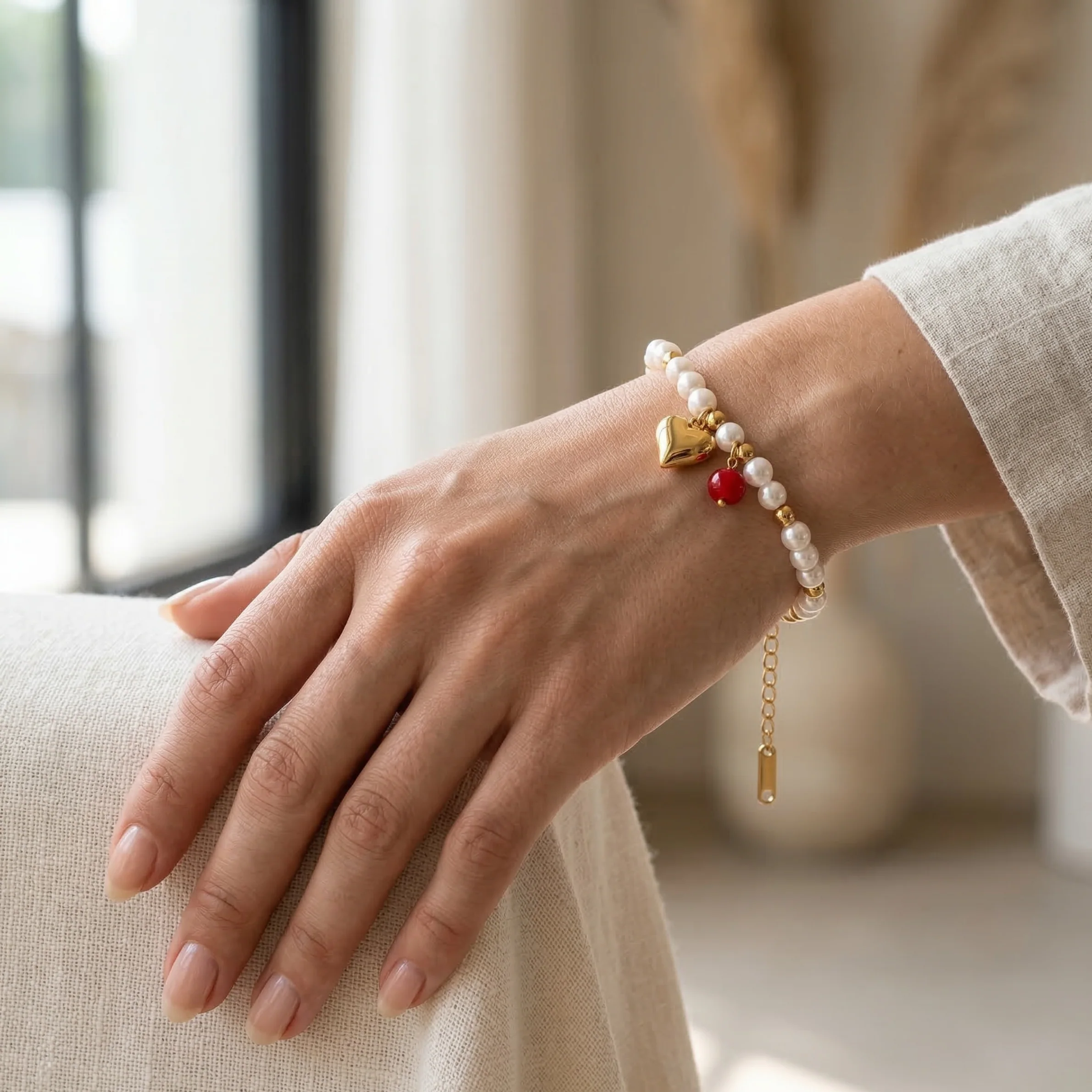 Pearl Bracelet with Gold Heart Charm Bracelet - Image 2